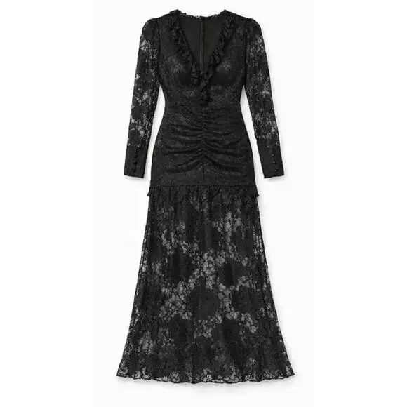 Alexis Lucasta Black Lace Maxi Dress L Ruched Sheer Gothic Victorian Romance EUC - Picture 3 of 8